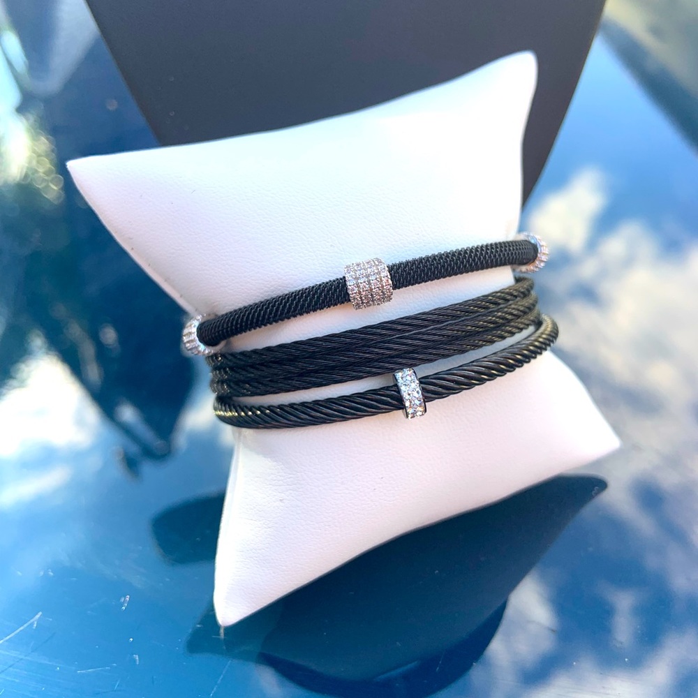 Fashion Bracelets set of 3 Black steel with CZ accents